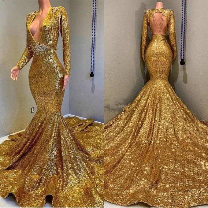 Gorgeous Gold Sequins Long Sleeves Prom Dress Mermaid Deep V-Neck,DS4647 Elegant Sequin Gown