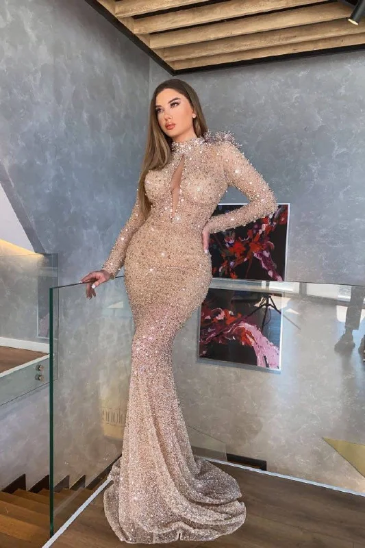 Gorgeous Long Sleeves High Neck Prom Dress Keyhole Mermaid With Sequins Beads,F04849 Flared Sequin Dress