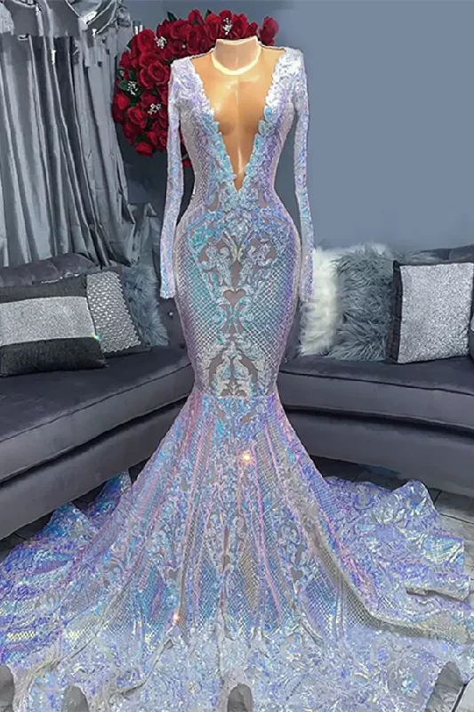 Gorgeous Long Sleeves Sequins Mermaid Prom Dress V-Neck,F04839 Elegant Glitter Sequin