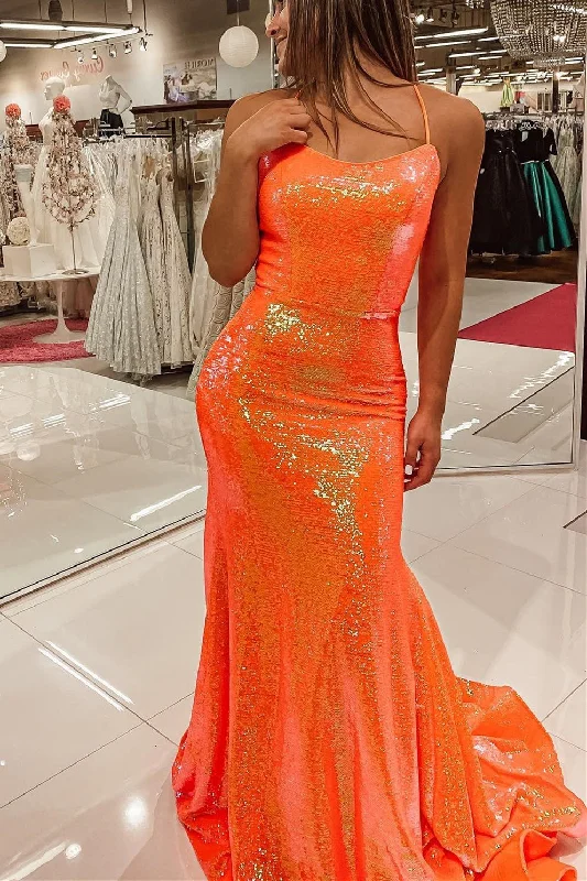 Gorgeous Shinning Orange Mermaid Prom Dress Sequins With Spaghetti-Straps,DS4649 Colorful Sequin Dress