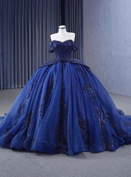 Luxurious Off The Shoulder Sequins Beaded Tulle Ball Gown Navy Blue Birthday Prom Dress Y7681 Sequin Cocktail Dress