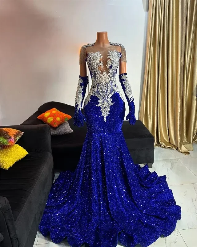 Luxury Royal Blue Sequin Mermaid Prom Dresses 2025 Crystal Beading Tassles With Gloves Mermaid African For Black Girl Sequin Dress Glam