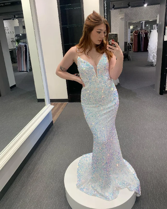 Mermaid White Sequins V Neck Long Prom Dress,DS3098 Vintage Sequin Dress