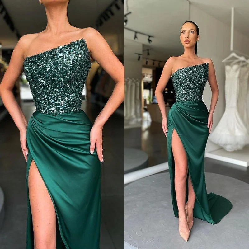 Sequins Elegenat Long Dark Green Prom Dress With Slit,DS3255 Sparkling Sequin Dress