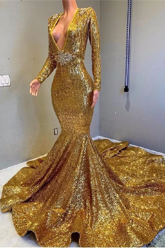 SEXY LONG SLEEVES GOLD MERMAID PROM DRESS SEQUINS V-NECK BACKLESS LONG,DS3610 All-Over Sequin Dress