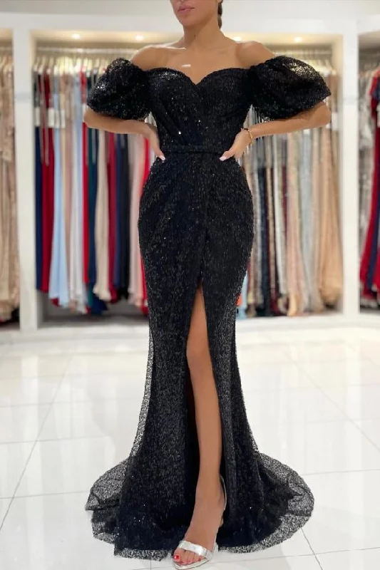 SEXY OFF-THE-SHOULDER BLACK MERMAID SEQUINS PROM DRESS LONG WITH SLIT,DS3498 Classy Sequin Dress