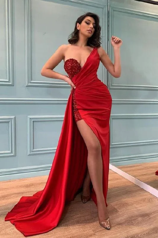 SEXY RED ONE SHOULDER SLIT PROM DRESS LONG WITH SEQUINS BEADINGS,DS3504 Pink Sequin Gown