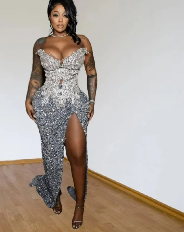 Silver Diamond Prom Dresses Luxury Black Girls Sequin Mermaid Long Birthday Outfit 2024 Sweetheart Vestidos De Gala Sequin Dress Appeal