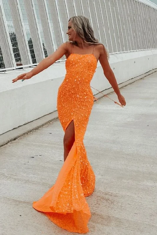 sparkle mermaid orange sequins long prom dress with slit,DS4148 Sequin Dress Appeal