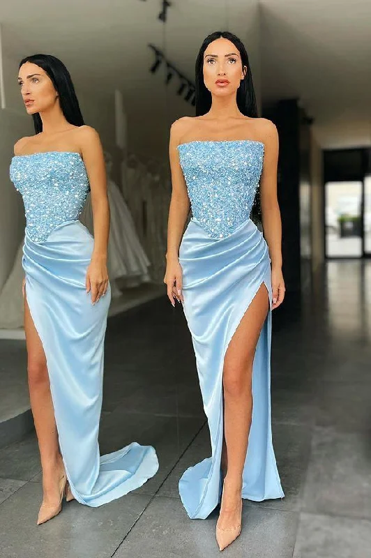 Trendy Sky Blue Strapless Sequin Long Prom Dress with High Slit,DS3511 Sequin Dress Style