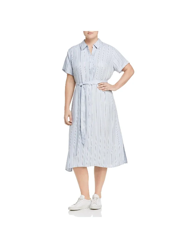 Plus Womens Striped Collared Shirtdress Long Sleeve Shirt Dress