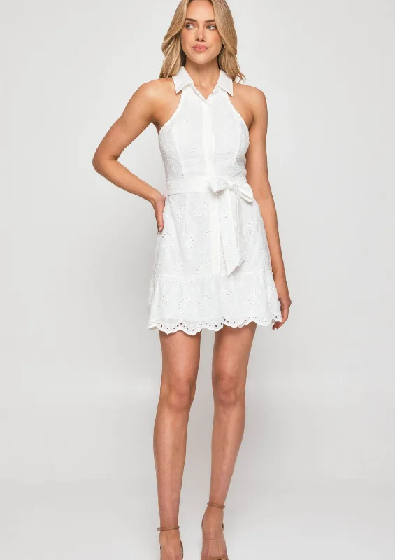 Simone Sleeveless Shirt Dress in White Broderie Cotton Summer Shirt Dress