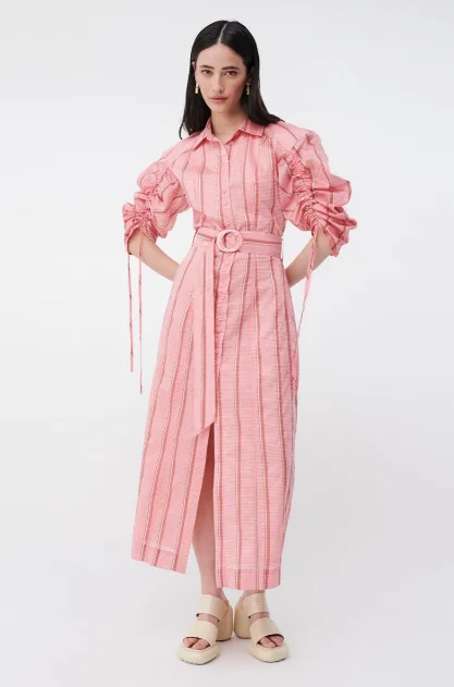 Suboo Pablo Ruched Sleeve Longline Shirt Dress - Pink Trendy Shirt Dress