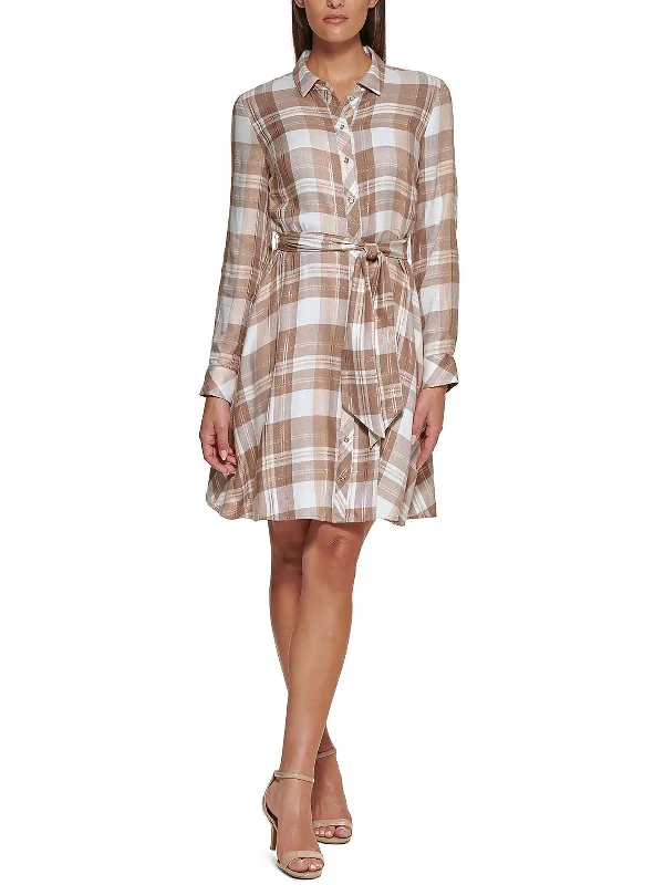 Womens Metallic Plaid Shirtdress Sleeveless Shirt Dress